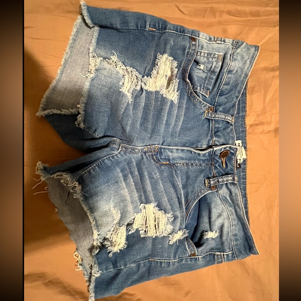 Revamped Blue Jean Shorts Distressed Cut-Off